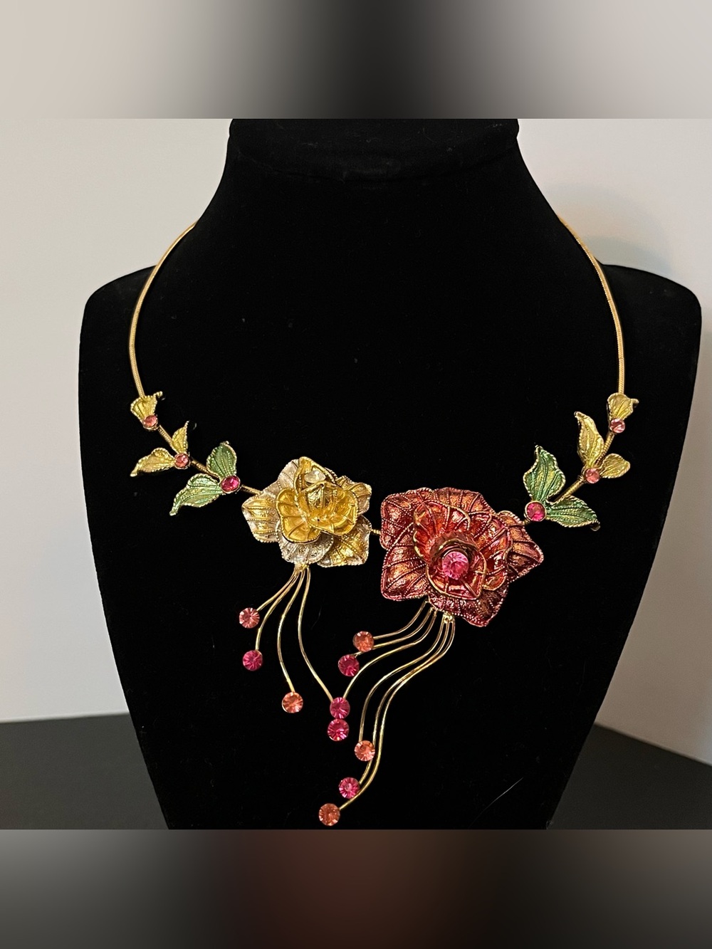 Vintage Floral Pink & Gold Statement Necklace & Earring Set - Picture 3 of 13